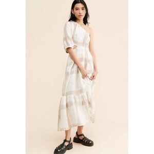 Anthropologie Little Lies Women's Medium One‎ Shoulder Plaid Fall Maxi Dress